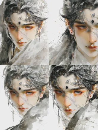 女性半身肖像，银白色头发，纯白新中式服饰，灰色眼眸凝视镜头，眉心镶嵌黑色宝石，额头有银色树叶纹理，浅景深特写，柔和的影室灯光，暖色调背景，珠宝摄影风格，超高细节，3d渲染，octane render，清晰细腻的皮肤纹理，神秘宁静的氛围。