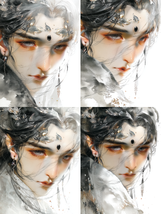 女性，半身肖像，银白色头发，纯白衣服，眉心镶嵌黑色宝石，额头有银色树叶纹理，灰色眼眸凝视镜头，新中式美学，浅景深特写，柔和的影室灯光，清晰并细腻的皮肤纹理，暖色调背景，神秘而宁静的氛围，珠宝摄影风格，超高细节，3d渲染。