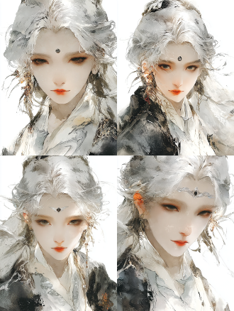 女性，半身肖像，银白色头发，纯白衣服，眉心镶嵌黑色宝石，额头有银色树叶纹理，灰色眼眸凝视镜头，新中式美学，浅景深特写，柔和的影室灯光，清晰并细腻的皮肤纹理，暖色调背景，神秘而宁静的氛围，珠宝摄影风格，超高细节，3d渲染。