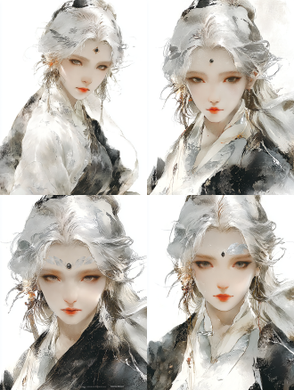 女性半身特写肖像，银白发丝，纯白衣衫，眉心镶嵌黑色宝石，额头蔓延银色树叶纹理，灰色眼眸凝视镜头，神秘宁静，新中式美学，珠宝摄影风格，影室柔光，浅景深，暖色调背景，清晰细腻皮肤纹理，超高细节3d渲染，octane render，戏剧性肖像，高级感，柔和阴影，瓷器般肌肤。