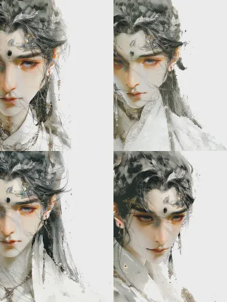 一位灰白发女性半身肖像，纯白新中式服饰，眉心镶嵌黑色宝石，额头有银色树叶纹理，灰色眼眸凝视镜头，浅景深特写，柔和影室灯光，清晰肌肤纹理，暖色调背景，珠宝摄影风格，超高细节，3d渲染，超现实主义，强发丝对比，神秘宁静氛围，50mm定焦镜头，摄影棚，背光与柔光箱，静态姿势，高级珠宝，黑白色调与暖金点缀。