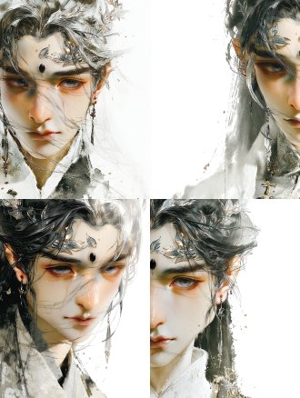 女性半身肖像，灰白长发，纯白新中式服饰，眉心镶嵌黑色宝石，额头银色树叶纹理，灰色眼眸凝视镜头，浅景深特写，珠宝摄影风格，影室柔光，清晰皮肤纹理，强发丝对比，暖色调背景融入夜色，月光氛围，神秘宁静，超现实主义，超高细节3d渲染，octane render，摄影棚拍摄，肖像构图。