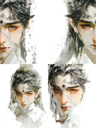 女性半身肖像，灰白长发，纯白衣裙，眉心镶嵌黑色宝石，额头银色树叶纹理，灰色眼眸凝视镜头，新中式美学，浅景深特写，珠宝摄影风格，柔和的影室灯光，暖色调背景，夜色与月光氛围，清晰细腻的皮肤纹理，超高细节，3d渲染，超现实主义，强发色对比，神秘宁静，圣洁与堕落诱惑并存。