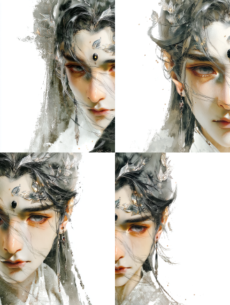 **output:** 半身肖像特写，女性，灰白色高对比度头发，淡色眉毛，纯白衣裳，灰色眼眸凝视镜头，额头银色树叶纹理与眉心黑色宝石，新中式美学与超现实主义，珠宝摄影风格，柔和的影室灯光，浅景深，清晰细腻的皮肤纹理，暖色调与夜色月光背景，神秘宁静，圣洁又堕落，3d渲染，超高细节。