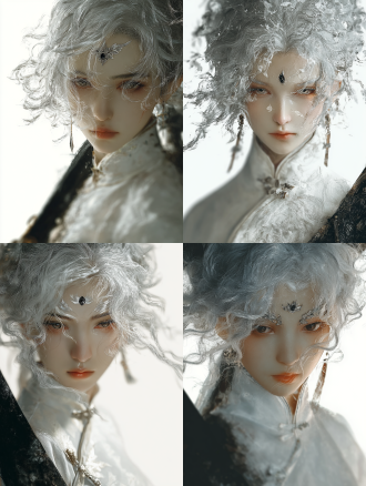 半身肖像特写，灰白卷发，淡眉，纯白新中式立领衣衫，眉心镶嵌黑宝石，额头蔓延银色树叶纹，灰色眼眸凝视镜头，神秘宁静，兼具圣洁与诱惑，柔光影室照明，浅景深，细腻皮肤纹理，暖调夜色背景，月光感，珠宝摄影风格，超高细节，3d渲染，超现实主义，强发丝对比度，神秘氛围，肖像摄影，特写镜头，戏剧性灯光，暖色调，柔焦，高清晰度，复杂纹理，超精细渲染。