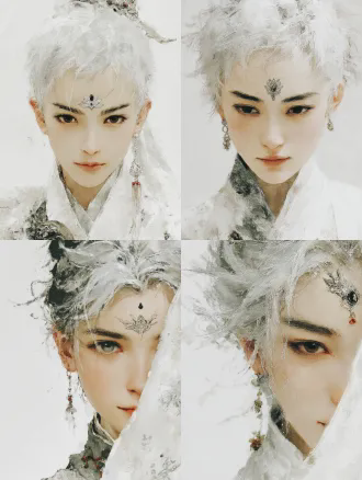 半身肖像特写，灰白短发女性，淡色眉毛，纯白新中式服饰，眉心镶嵌黑色宝石，额头有银色树叶纹理，灰色眼眸凝视镜头，神秘宁静兼具圣洁与诱惑，珠宝摄影风格，超现实主义3d渲染，超高细节，浅景深，柔和影室灯光，强发丝对比，细腻皮肤纹理，暖色调背景，夜色与月光氛围，圣洁堕落并存。