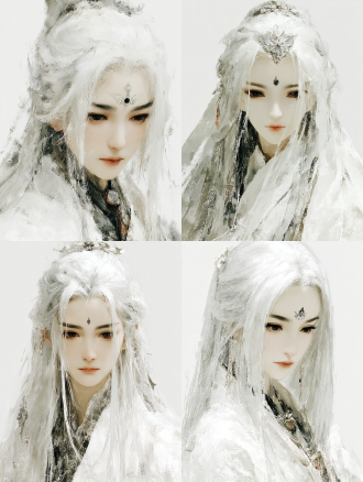 女性半身肖像，新中式美学，灰白色长发，淡色眉毛，纯白衣服，眉心镶嵌黑色宝石，额头银色树叶纹理，灰色眼眸凝视镜头，神秘宁静，圣洁与堕落感，珠宝摄影风格，柔光影室灯光，浅景深特写，清晰细腻皮肤纹理，强发丝对比，暖色调与夜色背景，月光感，超高细节，3d渲染，超现实主义。