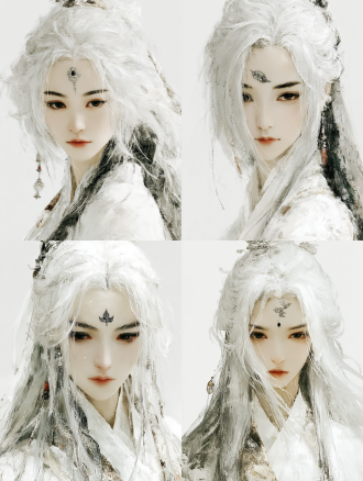 女性半身肖像，灰白长发与淡眉，纯白衣衫，额头银色叶纹与眉心黑宝石，灰色瞳孔凝视镜头，新中式美学，浅景深特写，柔和影室灯光，细腻皮肤纹理，暖调背景，神秘宁静氛围，珠宝摄影风格，超高细节，3d渲染，超现实主义，夜色背景，月光感，圣洁与堕落诱惑，表情冷淡，微张嘴唇，强对比发丝，戏剧性侧光，暖色与冷色对比，肖像摄影，电影质感。