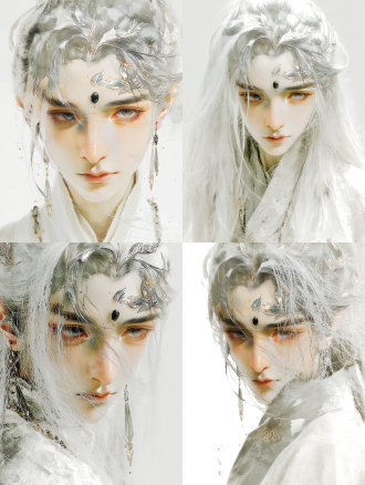 女性半身肖像，灰白色长发，淡色眉毛，纯白色新中式服装，眉心镶嵌黑色宝石，额头有银色树叶纹理，灰色瞳孔凝视镜头，表情冷淡，嘴唇微张，浅景深特写，柔和影室灯光，清晰细腻皮肤纹理，暖色调背景，夜色与月光感，珠宝摄影风格，超高细节，3d渲染，超现实主义，强发色对比，神秘宁静，圣洁与堕落诱惑并存。