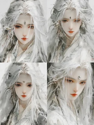 半身肖像特写，女性，灰白色长发，淡色眉毛，纯白新中式服装，眉心镶嵌黑色宝石，额头有银色树叶纹理，灰色瞳孔凝视镜头，冷淡表情微张唇，柔和影室灯光，浅景深，清晰细腻皮肤纹理，强发丝对比度，暖色调夜色背景，月光感，神秘宁静，圣洁兼具堕落诱惑，珠宝摄影风格，超高细节，3d渲染，超现实主义。