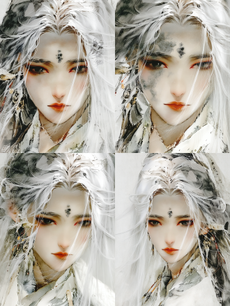 半身肖像特写，灰白色长发与纯白服饰形成高对比，眉心黑宝石与额头银色树叶纹理，灰色瞳孔凝视镜头，表情冷淡嘴唇微张，新中式美学与超现实主义融合，珠宝摄影风格，柔和的影室灯光凸显细腻皮肤纹理，浅景深，暖色调夜色背景点缀月光，神秘宁静兼具圣洁与诱惑，超高细节3d渲染。