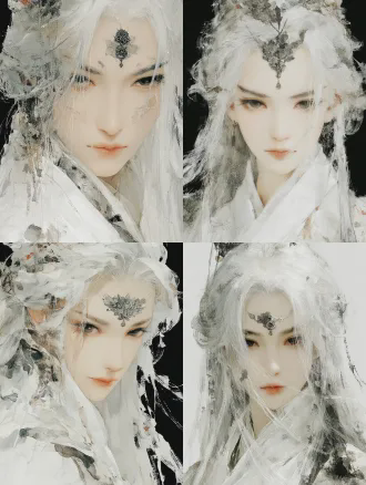 女性剑仙半身肖像，灰白色长发与淡色眉毛，纯白新中式服饰，眉心黑宝石与银色树叶纹理，灰色瞳孔凝视镜头，皮肤纹理细腻，嘴唇微张，神秘宁静又暗含诱惑，摄影棚柔光，浅景深特写，暖色调夜色背景似有月光，珠宝摄影风格，超高细节，3d渲染，超现实主义，高对比度发丝，冷淡表情，圣洁与堕落并存。