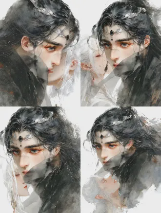 黑发黑衣男性仙人与白发白衣女性剑仙深情接吻特写，水墨风格，柔焦效果，浅景深，朦胧背景，柔和自然光，黑白对比，高饱和度，电影质感，四分之三侧面构图，过肩镜头，细腻纹理，情感张力，浪漫氛围，动作自然流畅，线条优美。