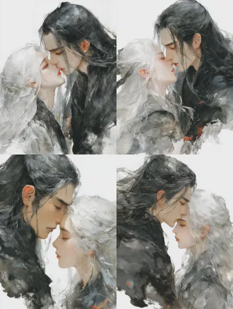 黑发黑衣男性仙人与白发白衣女性剑仙深情接吻，特写构图，光影交织，朦胧背景，水墨风格，浅景深，柔焦效果，柔和自然光，黑白对比，高饱和度，电影质感，四分之三侧面构图，过肩镜头，细腻纹理，线条优美，情感张力，浪漫氛围。