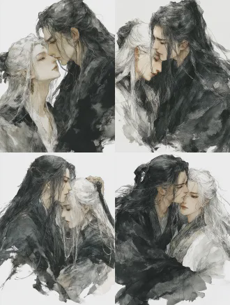 黑发黑衣长发文质彬彬的男性仙人与白发白衣长发清冷的女性剑仙深情接吻，特写构图，光影交织，朦胧背景，柔焦效果，水墨风格，浅景深，柔和自然光，黑白对比，情感张力，浪漫氛围，细腻纹理，高饱和度，电影质感，动作自然流畅，线条优美，四分之三侧面构图，过肩镜头。