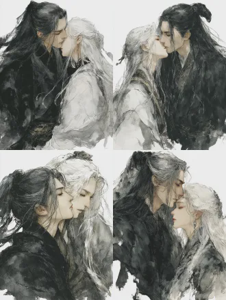 黑发黑衣长发文质彬彬的男性仙人与白发白衣长发清冷的女性剑仙深情接吻，特写构图，四分之三侧面，过肩镜头，浅景深，柔焦效果，水墨风格，光影交织，朦胧背景，柔和自然光，黑白对比，高饱和度，电影质感，细腻纹理，浪漫氛围，情感张力，动作自然流畅，线条优美。
