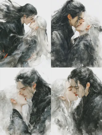 黑发黑衣长发文质彬彬男性仙人与白发白衣长发清冷女性剑仙深情接吻特写构图，光影交织朦胧背景柔焦效果水墨风格，浅景深柔和自然光黑白对比情感张力浪漫氛围，细腻纹理高饱和度电影质感，四分之三侧面过肩镜头动作自然流畅线条优美，半身构图符合逻辑。