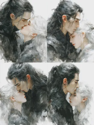 黑发黑衣男性仙人与白发白衣女性剑仙深情接吻特写，四分之三侧面构图，过肩镜头，水墨风格，柔焦浅景深，朦胧背景，柔和自然光，光影交织，细腻纹理，黑白对比，高饱和度，电影质感，动作自然流畅线条优美，浪漫氛围情感张力。