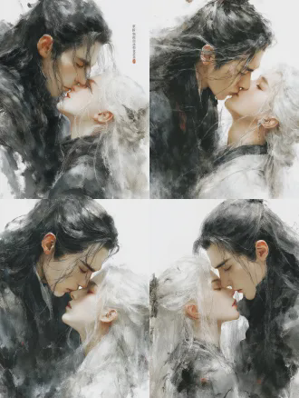 黑发黑衣男性仙人与白发白衣女性剑仙深情接吻，特写构图，光影交织，朦胧背景，柔焦效果，水墨风格，浅景深，柔和自然光，黑白对比，情感张力，浪漫氛围，细腻纹理，高饱和度，电影质感，四分之三侧面，过肩镜头，女性主动亲吻，男下女上构图，动作自然流畅，线条优美。