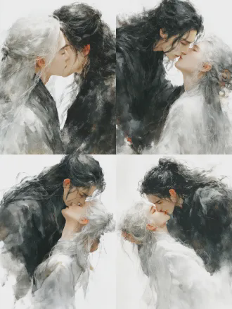 特写构图，白发白衣女性剑仙强吻黑发黑衣男性仙人，水墨风格，光影交织，朦胧背景，柔焦效果，浅景深，柔和自然光，黑白对比，高饱和度，电影质感，细腻纹理，四分之三侧面，过肩镜头，女性主动，线条优美，情感张力，浪漫氛围，动作自然流畅。