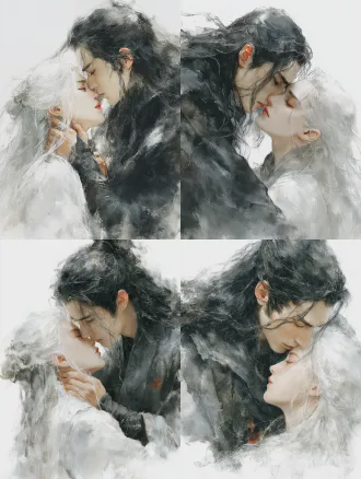 特写构图，白发白衣女性剑仙强吻黑发黑衣男性仙人，水墨风格，光影交织，朦胧背景，柔焦效果，浅景深，柔和自然光，黑白对比，高饱和度，电影质感，细腻纹理，四分之三侧面，过肩镜头，女性拽男性衣领，动作流畅，线条优美，浪漫氛围，情感张力。