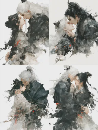 白发女性剑仙强吻黑发男性仙人，特写构图，光影交织，朦胧水墨背景，柔焦浅景深，柔和自然光，黑白对比高饱和度，电影质感，情感张力浪漫氛围，女性主动拽衣领亲吻，四分之三侧面过肩镜头，动作流畅线条优美，细腻纹理。