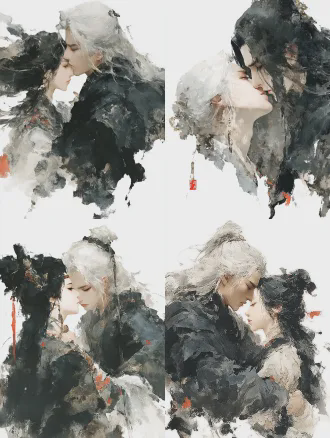 白发女性剑仙强吻黑发男性仙人，特写构图，四分之三侧面，过肩镜头，光影交织，水墨风格，浅景深，柔焦效果，朦胧背景，柔和自然光，黑白对比，高饱和度，细腻纹理，电影质感，浪漫氛围，情感张力，动作自然流畅，线条优美，女性主动拽男性衣领。