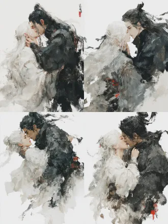 特写构图白发白衣女剑仙强吻黑发黑衣男仙人，女上男下，女拽男衣领，光影交织，柔焦朦胧背景，水墨风格，浅景深，柔和自然光，黑白对比，情感张力浪漫，细腻纹理高饱和度，电影质感，动作流畅线条优美，过肩镜头。