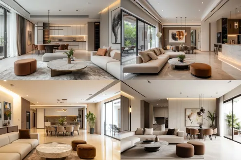现代开放式起居用餐区，极简主义设计，中性色调，浅色模块化沙发，大理石玻璃咖啡桌，棕色脚凳，抽象画装饰，圆形餐桌，时尚餐椅，现代吊灯，嵌入式橱柜，嵌入式照明，落地灯，盆栽点缀，广角镜头，自然光线，柔和阴影，高清晰度，对称构图，温暖氛围，宁静感