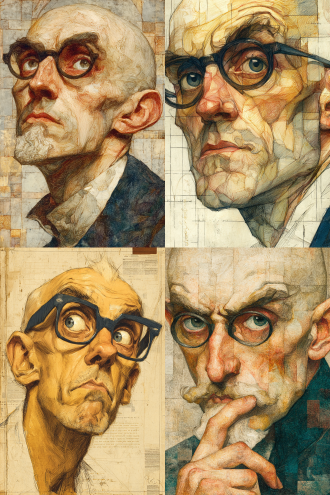 portrait of a bald white man wearing thick black rectangular glasses, contorted pose and intense facial expression, in the style of egon schiele, fine nervous linework, visible brushstroke textures, earthy muted color palette, grayish skin tones, minimal neutral background, stylized and exaggerated anatomy, large expressive eyes, psychological expressionist early 20th-century figurative painting style