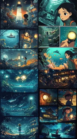 参考上传的角色图，保持人物外观和画风一致。把以下 9 个事件画成一张 3×3 分镜图，从左到右、从上到下按故事顺序排列。每格表现一个不同事件，根据剧情使用远景、中景或特写，不添加文字。 01 渔船靠近礁石 02 灯塔突然熄灭 03 女孩发现异常 04 女孩拿起手电筒 05 奔上灯塔楼梯 06 发现电源断开 07 重新接通电源 08 灯塔重新亮起 09 渔船安全脱险