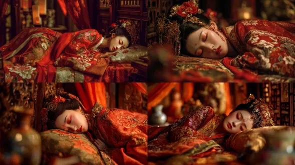 美丽唐宫贵妃斜卧雕花木床旁，红绸汉服精美刺绣，优雅曲线，双眼皮大眼，无瑕瓷肌，暖柔光，梦幻浪漫氛围，金帘烛光，宫廷内景，电影构图，超精细，高写实，artstation热门，杰作，广角镜头，浅景深，丝绸质感，华丽头饰，柔和阴影，古典美学，端庄表情，奢华装饰，深红色调，静谧优雅
