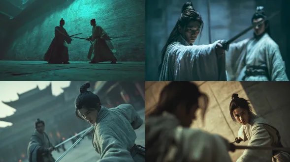 紫禁城之巅，叶孤城与西门吹雪对峙，武器紧握，眼神锐利，古风侠客装束，飘动衣襟，动漫风格，电影级光线，光滑墙面纹理，冷色调，超精细细节，4k分辨率，动态构图，紧张氛围，最佳质量，杰作，广角镜头，侧光，慢动作效果，细腻阴影，高对比度