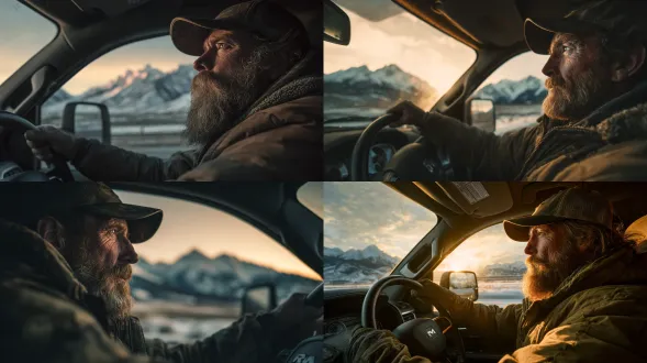 一个络腮胡、50岁的硬朗男人，驾驶ram皮卡行驶在318国道上，远处雪山在夕阳下呈现金色，车内视角，男人坚毅表情，穿着户外夹克，方向盘特写，广角镜头，黄昏光线，暖色调，高动态范围，金属质感，公路延伸感，雪山轮廓，驾驶动作，自由感，壮丽风景。