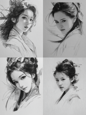 貂蝉素描半身像，三角线构图，立体光影强烈，精致面部特征，眼神灵动有神，超高清晰画质，细腻线条，古典美人，柔美优雅，浅灰色调，明暗对比，铅笔质感，写实风格，微侧脸，发丝飘逸，传统服饰，肩部曲线，细腻阴影，专注神情，艺术感