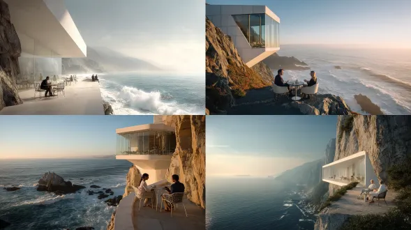 海边悬崖，白色现代建筑悬于半山，全景落地窗，突出的敞开露台，白色浪花拍打崖底，男女对坐喝咖啡，宁静优雅，简约设计，自然光线，柔和色调，广角镜头，低饱和度，微风轻拂，惬意放松，建筑与自然融合，空灵意境，平静海面，晨光斜射，温暖氛围，浅色系服装，悠闲姿态。
