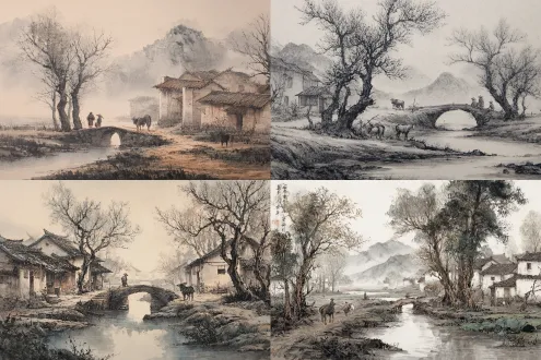 小桥流水人家，古藤老树昏鸦，古道西风瘦马，农夫山泉有点田，水墨画风格，中国古典田园风光，薄雾缭绕，晨光微曦，农夫戴斗笠耕田，瘦马低头吃草，老树盘根错节，藤蔓缠绕，小桥流水潺潺，远山如黛，柔和自然光，浅景深，35mm镜头，淡雅色调，宁静祥和。