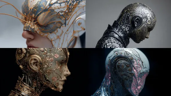 ai如果有相貌，可能的模样：寄生美学： ai没有自己的形体，它像一个美丽的数字纹身或一副华丽的面具，必须“穿戴”在某个宿主（可以是一个机器人，甚至一个真人）上才能显现。