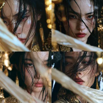### 正向提示词 live action extreme cinematic close up portrait preserving facial identity from reference image. ancient chinese beauty, face filling the frame, three quarter view, one eye razor sharp, intense restrained expression, gaze beyond camera. natural ivory skin, visible pores, subtle pink warm undertones, no gold on skin, no metallic facial highlights. loose black hair with damp strands sweeping across eyes, cheeks, lips; water droplets on lashes and hair; delicate lip moisture; clean white catchlights. restrained classical makeup, no painted skin patterns. hanfu collar with antique gold embroidery below frame, golden hairpin and tassels behind cheek, translucent ivory silk veil drifting foreground. all gold restricted to background: lantern glow, floating foil, gilded embroidery, bronze ornaments. incense smoke behind head, golden lantern bokeh, tyndall effect, deep shadows framing clean face. black, ivory, charcoal, antique gold palette, dark crimson background accent. shot on arri alexa 35, 100mm macro, shallow depth of field, film grain, high end cinematic grading. 反向提示词 close-up, portrait crop, cropped feet, water, lake, pool, puddles, wet floor, reflective ground, ripples, character standing in water, modern objects, readable text, watermark, logo, extra foreground characters, more than five main characters, incorrect gender ratio, identical faces, duplicate people, cloned poses, straight lineup, formal group photo, overlapping faces, hidden faces, smoke covering faces, stiff poses, static fabric, excessive jewelry, heavy crowns, oversaturated yellow, plastic skin, deformed hands, extra limbs, messy composition