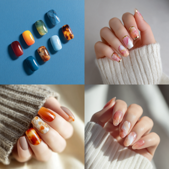 指甲艺术,淘宝主图纯色背景，指甲风格是ins风，小红书爆款，图案要几何形状，马卡龙配色，高级配色，透色陶瓷质感，玻璃质感，渐变色，琥珀，玳瑁质感，构图协调留白，抽象，2000像素高清