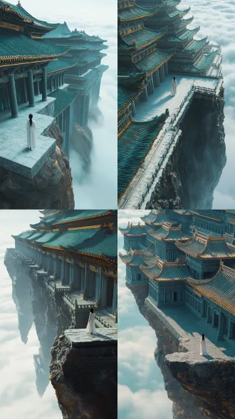 vertical extreme long shot of a vast celestial palace standing alone on a floating rock above an endless sea of clouds. tier upon tier of halls with deep bracketed eaves and gilded ridge tiles rise from the rock, their long colonnades and open doorways completely empty, fading upward into cold drifting mist. on a narrow stone terrace at the palace's edge hangs over the void, a single tiny woman in pale flowing robes, black hair half-tied, stands alone looking out, her figure barely a speck against the immense structure and the open sky behind her. no other living thing in sight. cold desaturated blue-green, faint warm gold grazing the roof ridges. weathered jade, aged timber, thin drifting mist. photoreal cinematic still, natural skin texture, soft highlight roll-off.