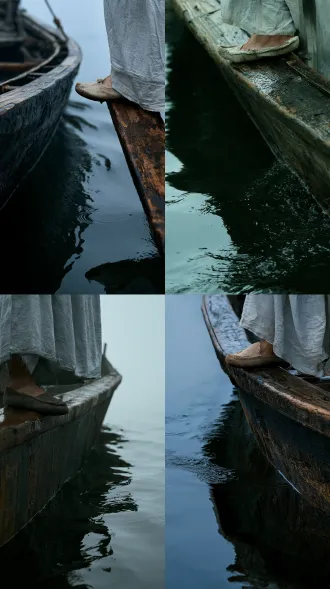vertical close-up, 9:16. the tip of a traditional cloth shoe resting on the wet wooden edge of the boat, next to the dark, worn gunwale. the pale grey hem of the robe is wet and clings to the ankle. below, the dark river water reflects the boat and the mist, with tiny ripples spreading outward from the hull. cold blue-grey atmosphere. wet wood grain, smooth water surface, damp fabric. photoreal cinematic still, natural skin texture, soft highlight roll-off.