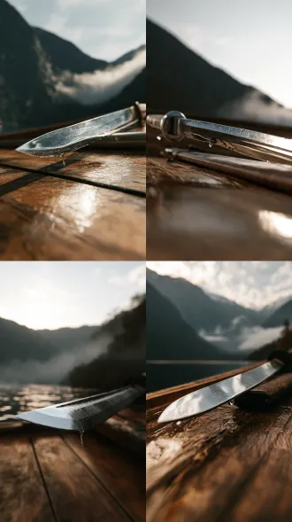 vertical extreme close-up, 9:16. a straight sword is half-drawn from its scabbard, resting parallel to the boat. the polished steel blade sharply reflects the dark mountains, the pale sky, and the drifting mist. a single drop of water hangs on the edge of the blade. the blurred wooden deck of the boat fills the lower frame. cold steel, wet wood, cool desaturated light. photoreal cinematic still, soft highlight roll-off.