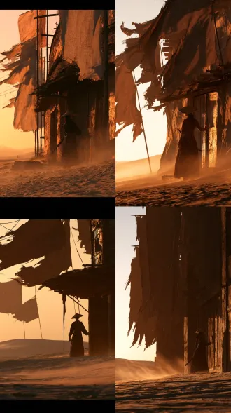 vertical cinematic medium full shot, 9:16. a dusty, sun-bleached inn in the middle of a vast desert at dusk. tattered flag banners flutter violently in the hot wind, casting long shadows on the sand. a female swordswoman in dark, fitted martial arts robes and a bamboo hat stands before the wooden door, her hand resting on the hilt of her sword. a dusty wind blows sand across the foreground. warm, golden sunset light, long shadows, deep orange and dusty brown palette. weathered wood, coarse fabric, worn steel. photoreal cinematic still, natural skin texture, soft highlight roll-off.