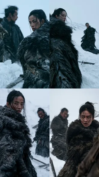 vertical cinematic medium shot, 9:16. a heavy blizzard rages on a high mountain pass. a chinese swordswoman with natural east asian features, wearing a thick, dark fur-lined cloak, stands against the wind, snow clinging to her hair and eyelashes. a chinese male swordsman stands a few steps away, facing her, his dark robes torn. between them, a broken straight sword lies half-buried in the deep snow. the light is harsh, cold and white, with only a faint, sorrowful warmth in their eyes. frosted fur, worn leather, sharp steel. photoreal cinematic still, natural skin texture, soft highlight roll-off.