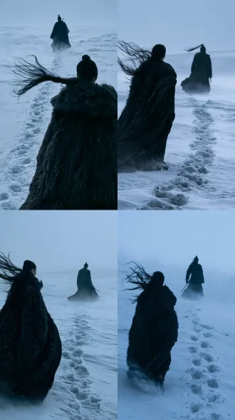 vertical cinematic medium full shot, seen from behind, 9:16. a chinese woman in a heavy dark fur cloak stands facing the blizzard, her hair whipping wildly to the left. ahead of her, a tall chinese swordsman in dark robes walks away into the swirling snow, his back to her. a trail of deep footprints connects them in the snow. the wind howls, kicking up white snow dust. cold blue-grey tones, stark contrast. photoreal cinematic still, natural skin texture, soft highlight roll-off.