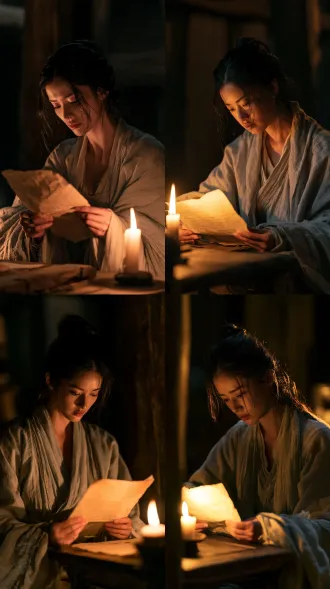 vertical cinematic medium close-up, 9:16. inside a dimly lit ancient wooden room at night. a chinese swordswoman with natural east asian features, black hair loosely tied, wearing pale grey hanfu, sits alone at a wooden desk. she holds an old, yellowed letter in her hands, her eyes lowered with quiet sorrow. a single candle flickers beside her, casting a warm golden glow on her face and the letter, while the rest of the room fades into deep shadows. warm candlelight, cold surrounding shadows. aged paper, worn wood, heavy silk. photoreal cinematic still, natural skin texture, soft highlight roll-off.