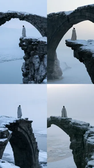 vertical extreme long shot, 9:16. a broken stone arch bridge half-collapsed over a frozen, misty river at dawn. snow covers the remaining stones. a chinese swordswoman with natural east asian features, black hair half-tied, in a thick pale cloak, stands alone at the broken edge of the bridge, looking out across the frozen water. in the distance, faint outlines of snow-covered mountains. cold blue-white and desaturated grey, pale morning light breaking through the fog. weathered stone, frost-covered silk, frozen river. photoreal cinematic still, natural skin texture, soft highlight roll-off.