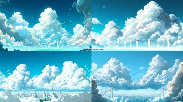 吉卜力风云端天空城，宽画幅构图，巨型蓬松云托白建筑桥梁，风车穹顶塔，云底青蓝光，空中小人飞行，亮蓝天，块面平涂，软水粉肌理，白浅蓝低饱和，柔和日光，梦幻空灵，手绘插画