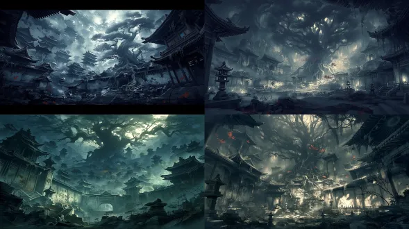chinese dark fantasy landscape, concept art, ink wash painting blended with realistic digital painting, desaturated cool tone, misty atmospheric perspective, layered composition, weathered ruined texture, ethereal solemn atmosphere, traditional chinese architecture, subtle warm accents, wide horizontal shot, masterpiece cinematic lighting, highly detailed, no humans，ruined ancient chinese temple, giant withered old banyan tree in center, collapsed walls and rubble, broken tiled roofs, scattered stone lanterns, red fallen leaves, dense mist, peeling wall texture, overgrown vegetation, gloomy desolate atmosphere
